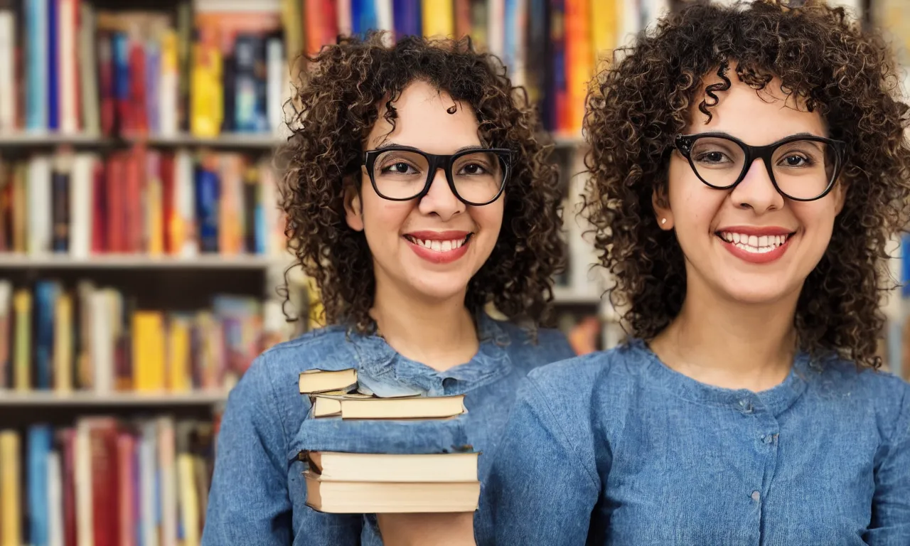 Prompt: A selfie of a smiling librarian latina girl with curly hair and glasses with some books behind while she smiles at the camera. 4K ultra hd, super detailed, studio lighting, portrait photo.