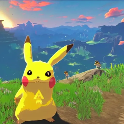 Prompt: a screencap of the legend of zelda breath of the wild, of pikachu in breath of the wild