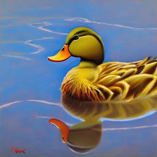 Prompt: a duck on the prowl oil painting dmytro kavsan