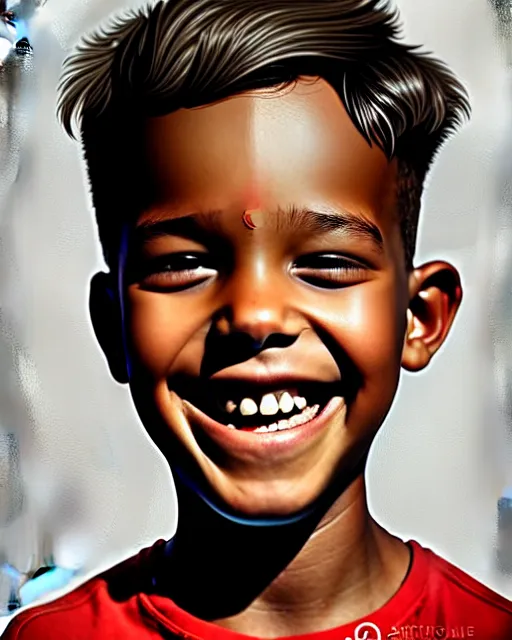 Image similar to digital art of smiling boy, illustration, highly detailed, simple, no jagged lines, smooth, artstation, artwork by obey, artwork by sandra chevrier