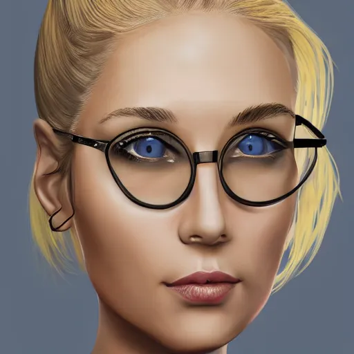 Prompt: a severe french woman with blonde hair tied in a strict bun, spectacles, lots of makeup, rich, character portrait, digital art, high quality, 8 k, detailed, d & d character,