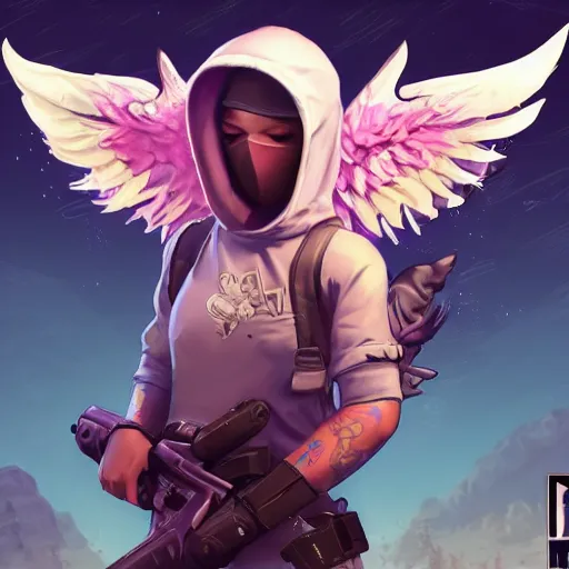 Image similar to baby Angel cherub, ski mask, balaclava, covered face, hoodie, hip hop golden necklace Angel halo, fantasy art apex fortnite Video game icon, 2d game art gta5 cover , official fanart behance hd artstation by Jesper Ejsing, by RHADS, Makoto Shinkai and Lois van baarle, ilya kuvshinov, rossdraws