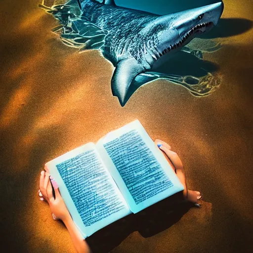 Image similar to a shark underwater reading a book realistic hdr photoshoot