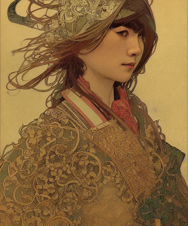 Prompt: realistic hyper detailed portrait of a samurai warrior by Alphonse Mucha and Charlie Bowater and art germ, rule of thirds, samurai armor, japanese patterns, golden ratio, portrait style with the subject in the middle of the frame