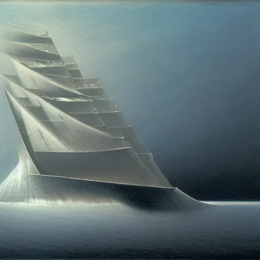 Image similar to an ice ship by Zdzisław Beksiński, oil on canvas