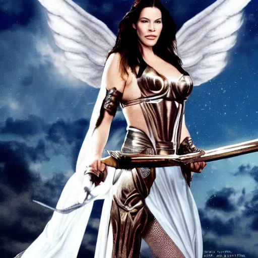 Prompt: full body photo of liv tyler as an angel warrior with heavenly weapons