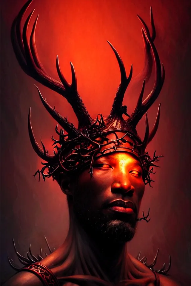 Image similar to a striking portrait of an eldritch black god king with black antlers and a burning horned crown on his head by moebius and ross tran and beksinski, trending on artstation, digital art, 4 k resolution, detailed, high quality, sharp focus, hq artwork, insane detail, volumetric lighting, character concept art, fine details, clear face