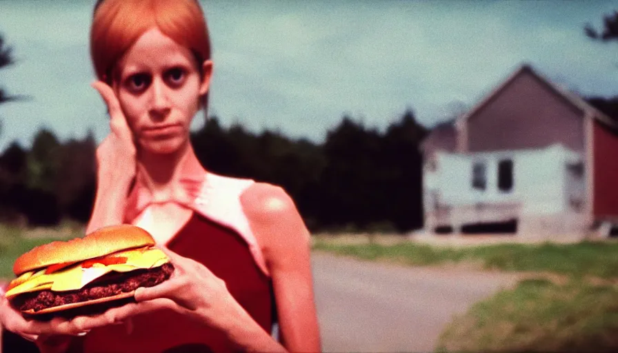 Image similar to 7 0 s film still from a horror movie starring a person with anorexia holding a burger, kodachrome, cinecolor, cinestill, photorealism, cinematic, film grain, film texture, vhs recording