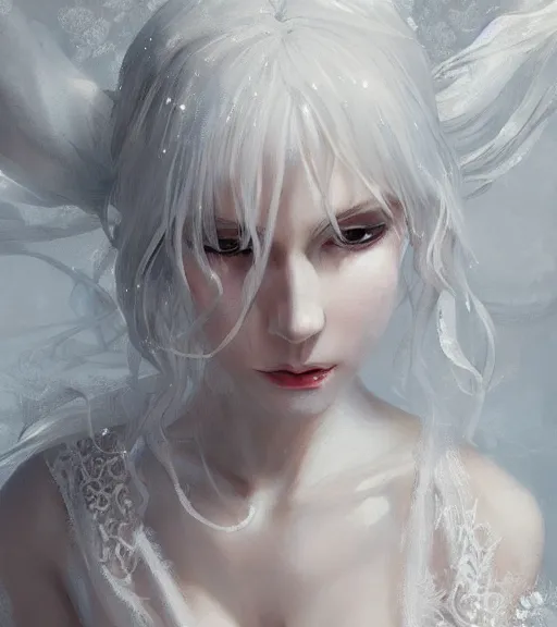 Image similar to Portrait of a white haired anime girl wearing a wet white lace nightgown, intricate, highly detailed, smooth, close-up, artstation, digital illustration by Ruan Jia