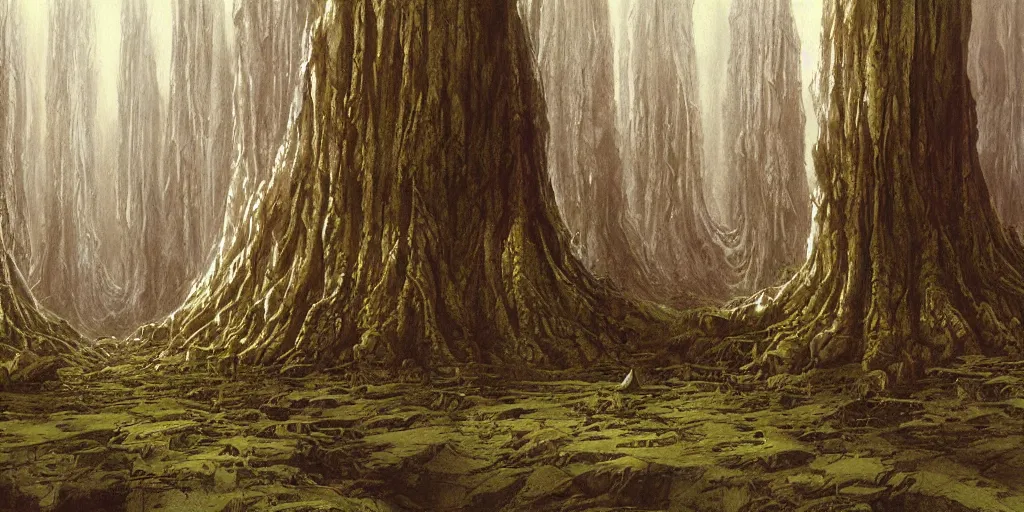 Image similar to artwork by john howe of a forest of abyss elders