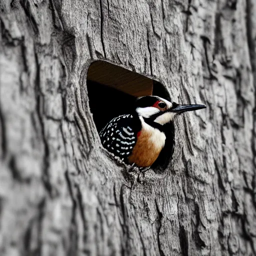 Prompt: 5 5 mm macro photo of a woodpecker inside a house in an oak tree, looking through the window. dof. bokeh. highly detailed 8 k. intricate. lifelike. soft light. cinematic processing