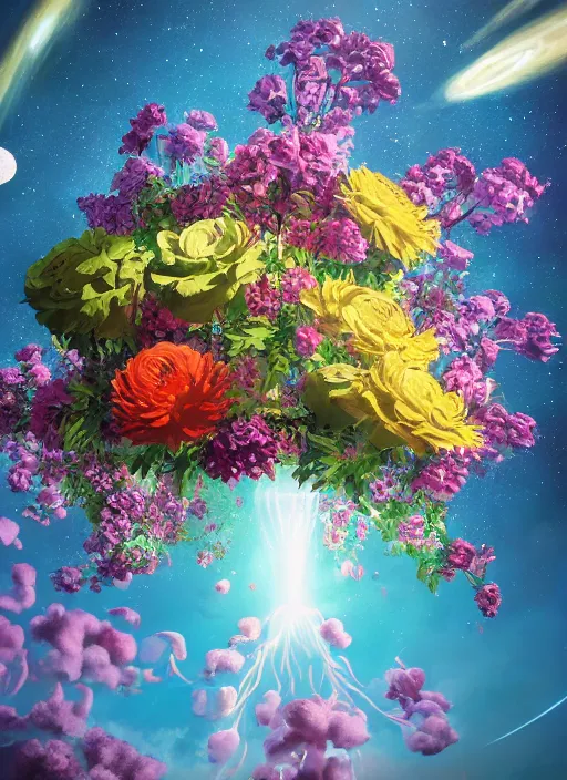 Image similar to An epic fantastic realism comic book style painting of the most beautiful flowers launched into space, bouquets, fisheye lens, unreal 5, DAZ, hyperrealistic, octane render, dynamic lighting