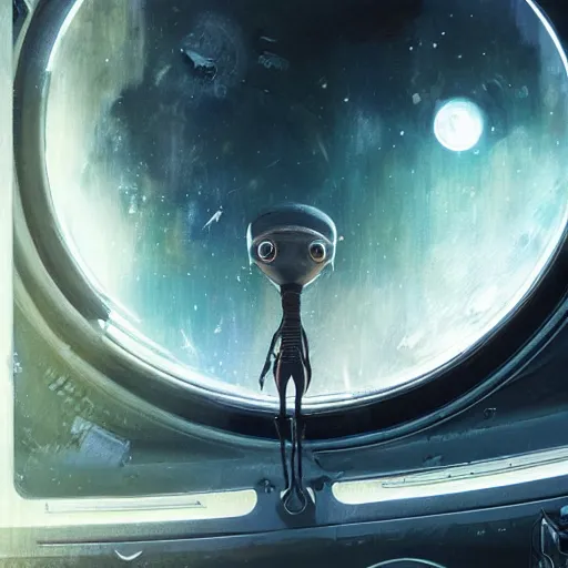 Prompt: An alien looking out of a window in space on a spaceship, illustrated by Greg Rutkowski, sci-fi art, photorealistic details, intricate details, 4k, 8k.