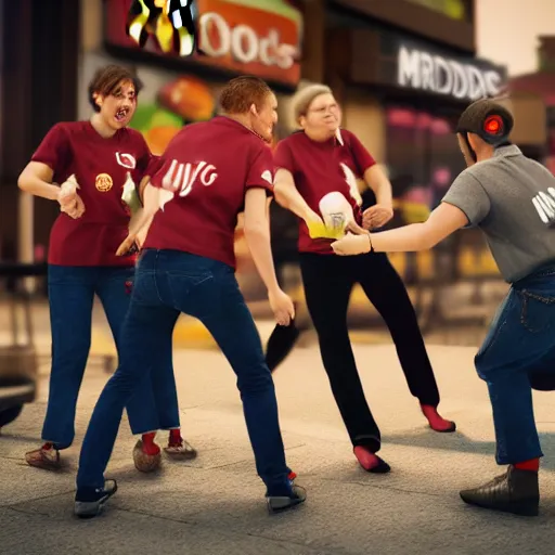 Image similar to macdonalds restaurant staff fighting with kfc restaurant staff, hyper real, 8 k, octane render, vivid, bright, photo realistic, city street, riot