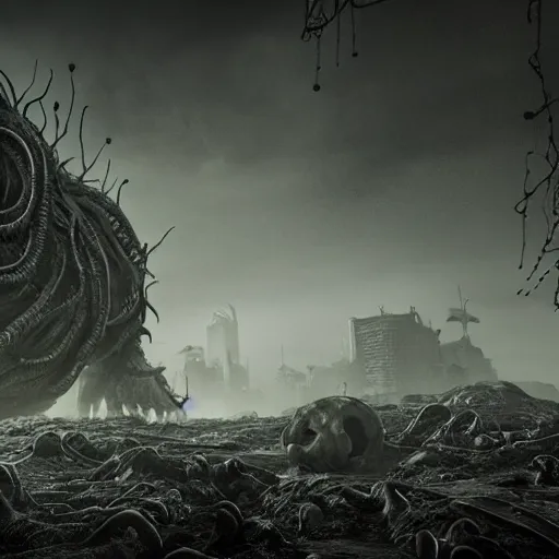 Image similar to lovecraftian horror, huge, dark, evil, terrorizing earth, photorealistic, sci fi, unreal engine, cinematic, highly detailed, 4 k render, apocalyptic