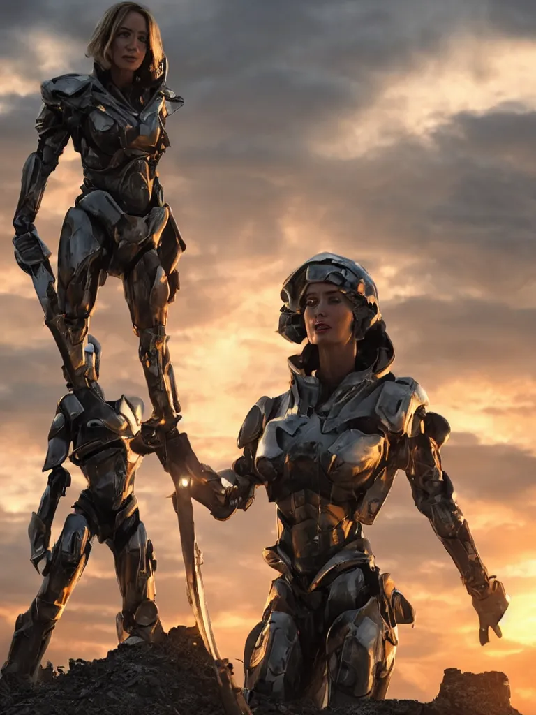 Image similar to emily blunt in futuristic power armor, by herself, holding a sword, standing atop a pile of rubble, sunset and big clouds behind her