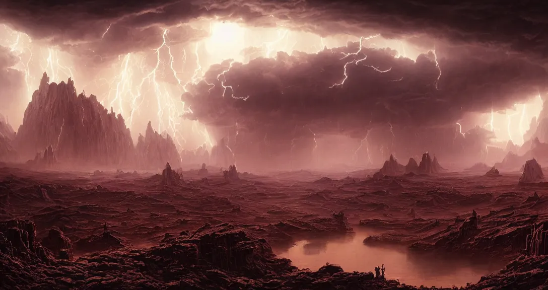 Image similar to an epic colossal scene in a forgotten ancient city of demigods from the exoplanet Gliese 581c on a harsh alien desert, by Nathan Dane Clarke, by Bruce Pennington, masterpiece, cinematic composition, aesthetic, dynamic, beautiful, detailed, beautiful lighting, stormy weather, thunder, volumetric dark clouds, heavy acid rain, 8K, no frames, rtx on, HDR radiance