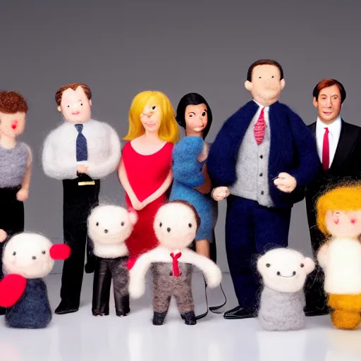 Prompt: The Office cast made from wool cute, studio light, professional photo