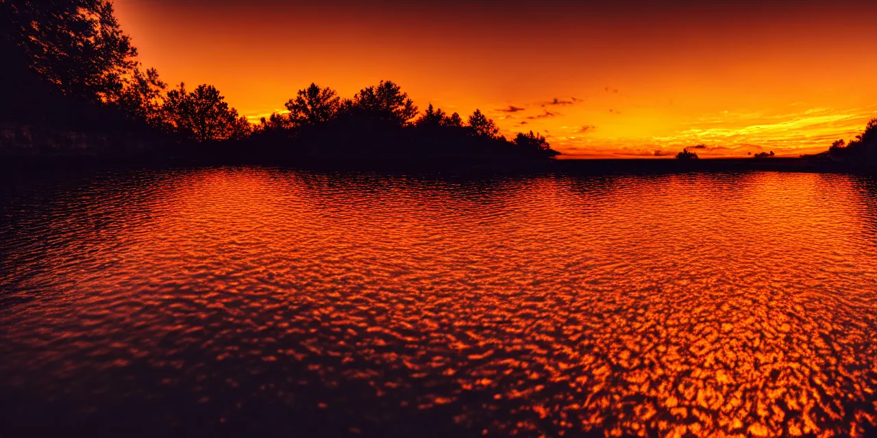 Prompt: goldenhour sunset photo in the paradigm sewerscapes, a dark cavernous liminal space with calm pools of reflective blackwater, 8 k photoengine