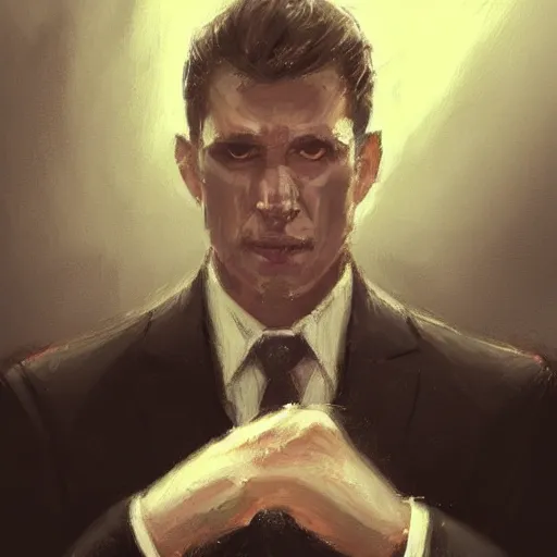 Prompt: Portrait of a man by Greg Rutkowski, he is about 40 years old, mixture between russian and irish, coiffed brown hair, attractive, extremely pale white skin, smart looking, he is wearing a black futuristic lawyer outfit, highly detailed portrait, scifi, digital painting, artstation, concept art, smooth, sharp foccus ilustration, Artstation HQ