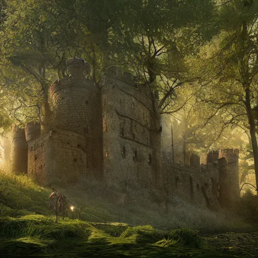 Prompt: medieval fantasy castle in an epic forrest clearing , by Ricardo Ow, dawn, green lush forest, photorealistic, detailed, trending on artstation, smooth light, artstation, DeviantArt, professional, octane render, sunset lighting,highly detailed