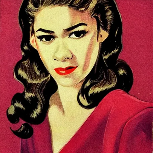 Prompt: “Zendaya portrait, color vintage magazine illustration 1950”