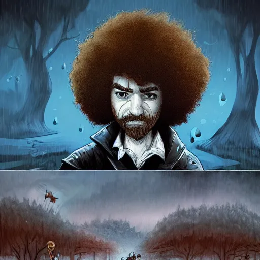 Image similar to comic book art in the style of bob ross and tim burton, trending on artstation, rain, beautiful, matte painting, galaxy, traveling through time, epic adventure, cinematic composition