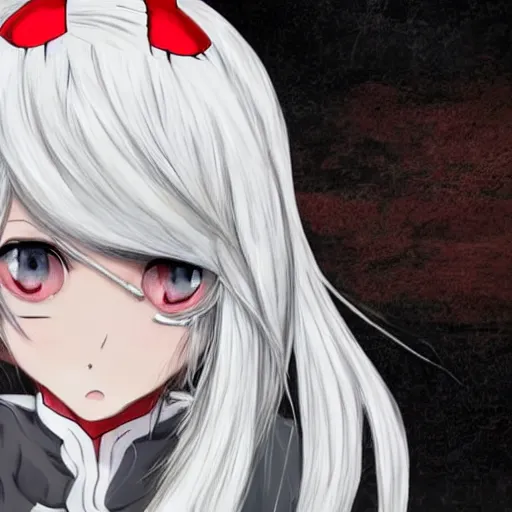 Image similar to white hair, red eyes, two small horn on the head, anime style, anime girl,