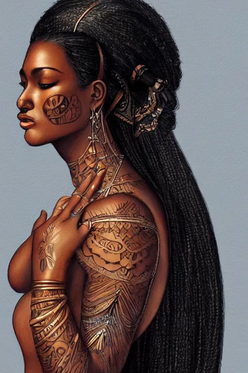 Image similar to A bust of a beautiful black skinned Maori girl with large lips and smooth eyebrows and straight hair, HD, illustration, epic, fantasy, intricate, elegant, amazing detail, digital painting, artstation, concept art, smooth, sharp focus, illustration, art by Turine Tran