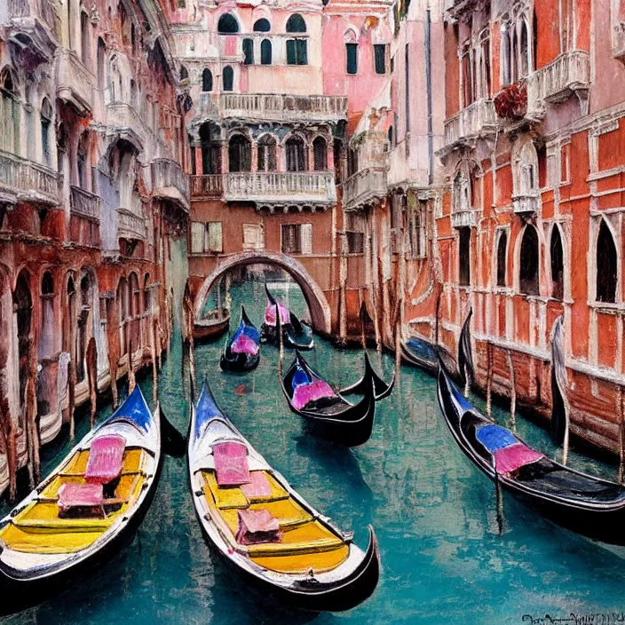 Image similar to venetian gondolas in the style of vrubel, pastel colors, chiaroscuro, bleached colors, cold shades, perfect beautiful, palette knife