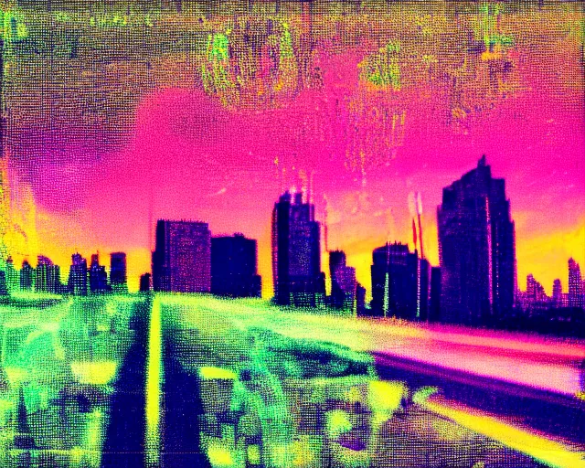 Prompt: futuristic chrome city, violet and yellow sunset, digital photo, atmospheric, whimsical and psychedelic, grainy, expired film, glitched