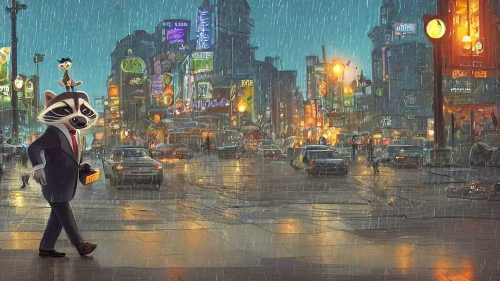 Image similar to A cute anthropomorphic raccoon businessman is walking down a busy crosswalk at in the rain at night, warm lighting with an orange glow blanketing the cityscape from the city lights, zootopia, other anthropomorphic characters are walking by him, extremely detailed, HDR, sideview, solemn and moody, many cars and animal people in the background, detailed face and eyes, large eyes with visible pupils, the road is wet with many rain puddles, reflections from the water on the ground, he is carrying a black briefcase