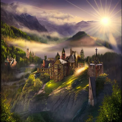 Image similar to magical academy on a mountain, town below, mist, mystical, happy, sunshine, realistic, by bagshaw, tom