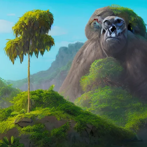Image similar to painting of a small desolate jungle island with a prominent large rock formation in the shape of a gorillas head, trending on artstation