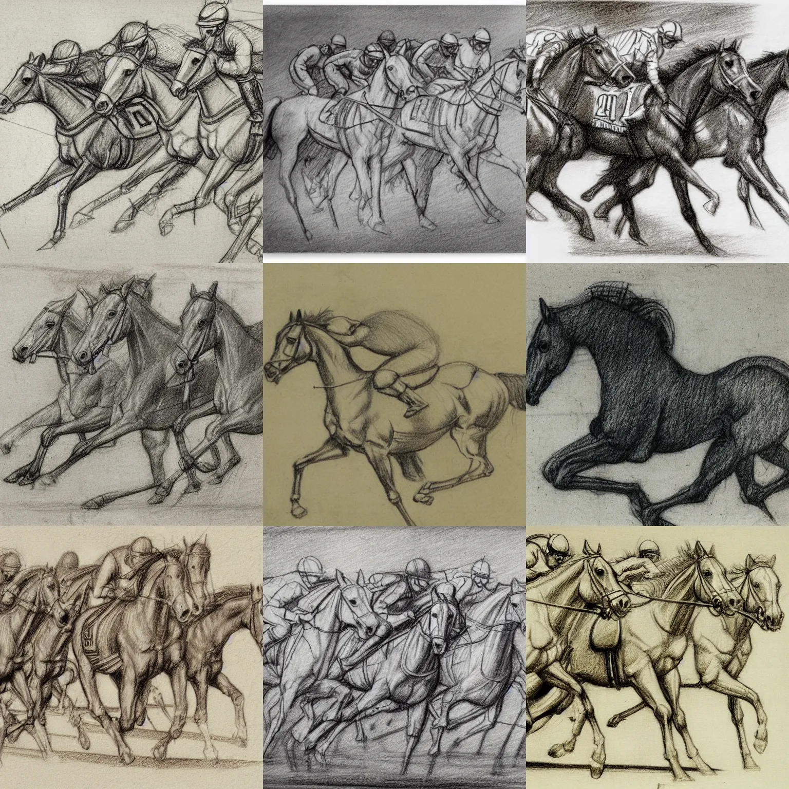 Prompt: horse racing pencil sketch by Leonardo da Vinci