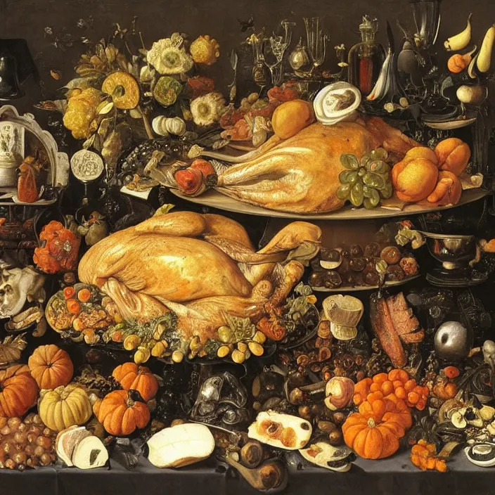 Prompt: victorian thanksgiving feast, fruit and vegetables, black background, vanitas, still life by giuseppe arcimboldo and pieter claesz, a flemish baroque by jan davidsz. de heem and jan van kessel the younger, dutch golden age, pinterest, rococo, hd, intricate high detail masterpiece