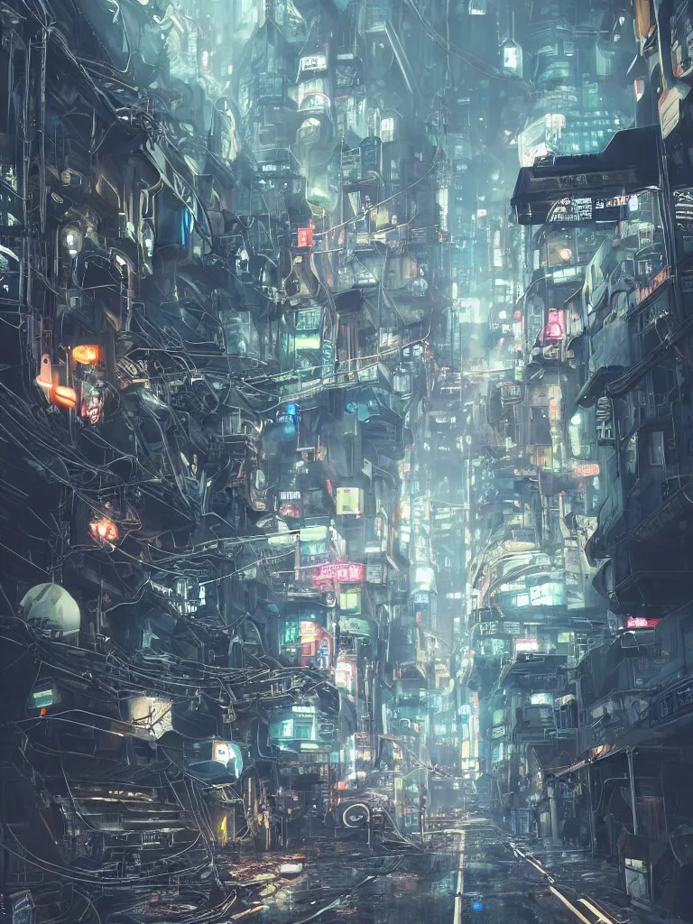 Image similar to futuristic dieselpunk street, cable stone ground. lots hanging cables, tiny wires on the ground. narrow, garbage on the ground. rain. fog, haze, evening. led screens. neon signs. very sharp. cables on the ground. very messy. futuristic. photorealistic. artstation. anime. studio gimbli style. golden rate.