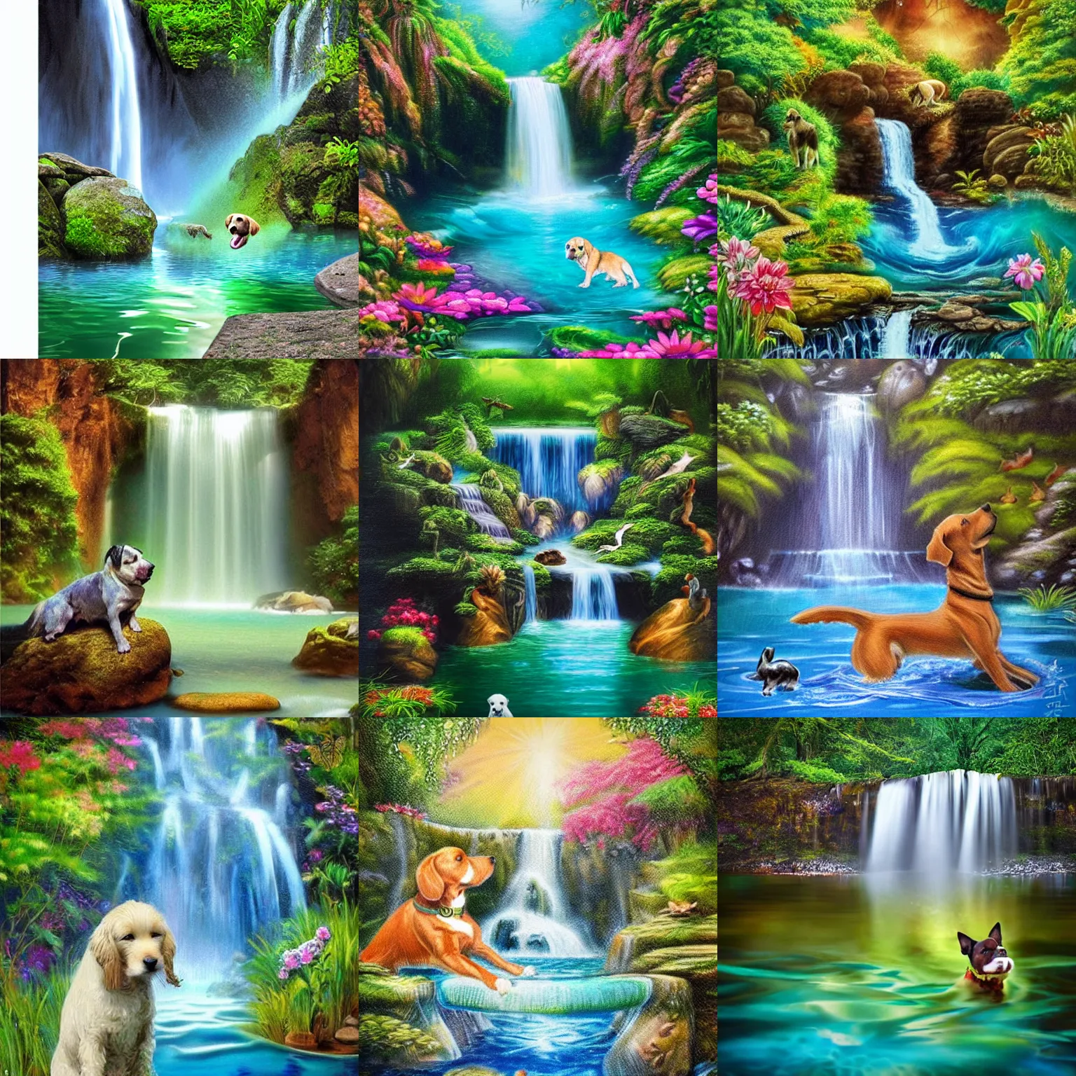 Prompt: Dog swimming under a waterfall, fairytale artwork, realistic, zen, highly detailed, beautiful, tranquil, exquisite, flower colors, smooth