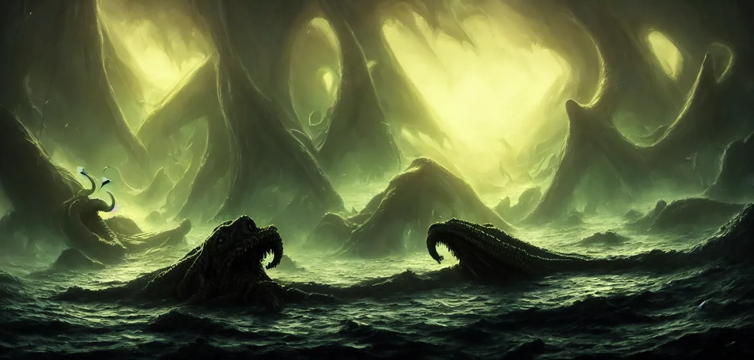 Prompt: dark fantasy scene showing cthulhu the giant sea monster destroying ships, concept art, low angle, high detail, warm lighting, volumetric, godrays, vivid, beautiful, trending on artstation, by jordan grimmer, huge scene, grass, art greg rutkowski