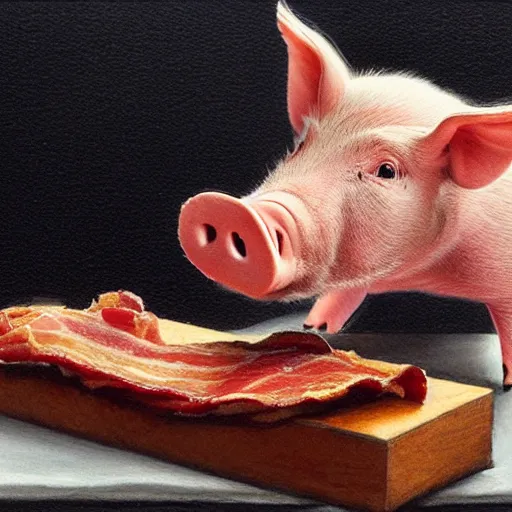 Image similar to a pig eating a rasher of bacon. detailed, realistic,