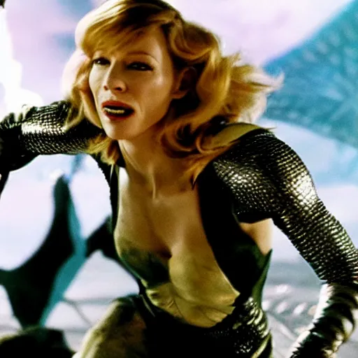 Image similar to cate blanchett fighting a monster, barbarella