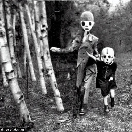 Image similar to a higly detailed album of scared children running slenderman from the 1940s, creepy, unsettling, bad quality, cursed image