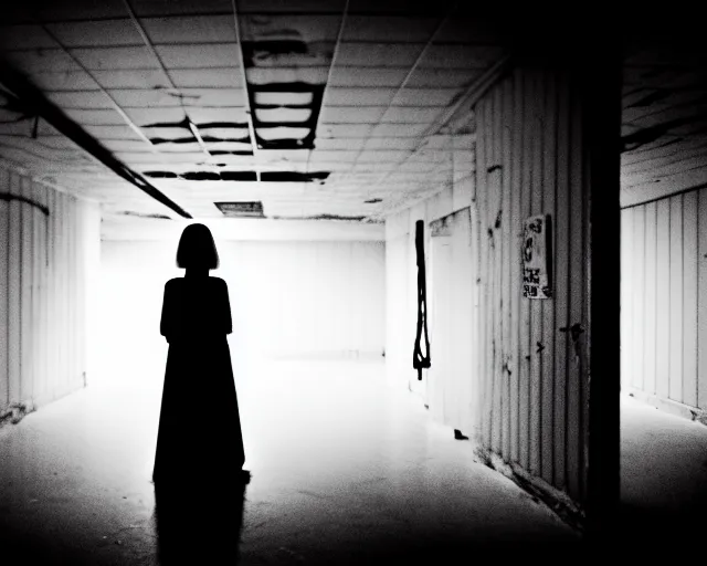 Image similar to creepy woman wearing white dress standing in the backrooms, psychological horror, the eerie forlorn atmosphere of a place that's usually bustling with people but is now abandoned and quiet, buzzing fluorescent lights above the ceiling, unsettling images, liminal space, dark