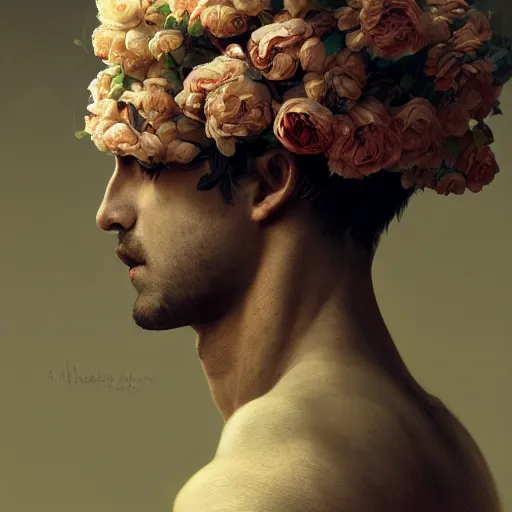 Image similar to a floral man, self - portrait!!!!, beautiful photorealistic imagery, soft lighting, soft atmosphere, 4 k, 8 k, trending on artstation, cgsociety contest winner, illustrated by greg rutkowski and shot by jimmy nelson