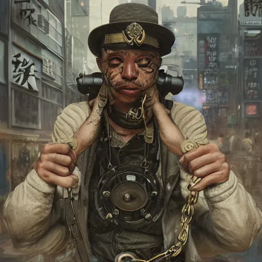 Image similar to a chain smoking frog cop, beating criminals to a pulp on the dirty streets of tokyo, highly detailed, digital painting, artstation, concept art, smooth, sharp focus, 8k, photorealistic, 25mm f/1.7 ASPH Lens, ultra realistic steampunk illustration, art by greg rutkowski and alphonse mucha