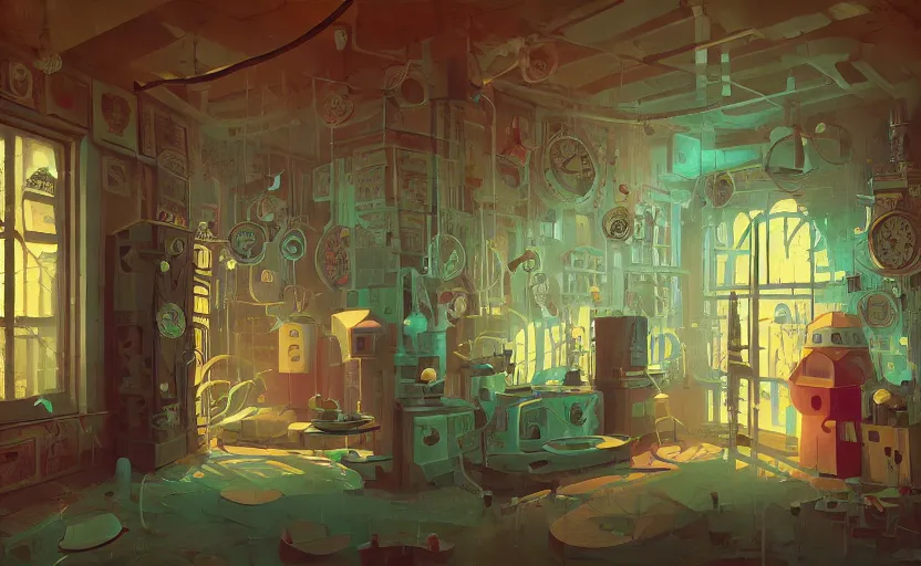 Image similar to Inside an old clock store by Petros Afshar and Beeple, James Gilleard, Mark Ryden, Wolfgang Lettl highly detailed