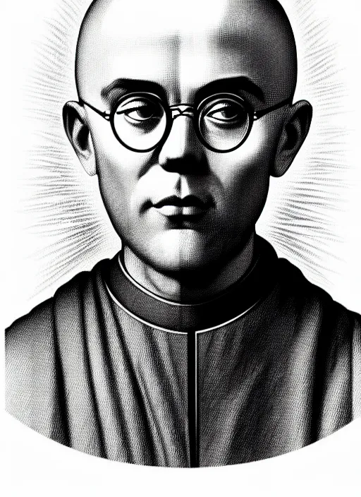 Image similar to portrait saint maximilian kolbe graphic in the art style of leonardo da vinci pencil, ultra detailed illustration vector line pencil highly detailed