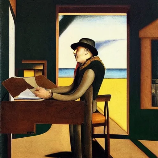 Prompt: the singer beck composing his next album in a leather notebook, the leather of the notebook is peeling, he is wearing a fedora and a scarf with tassels is wrapped loosely around his neck, the sun is going down, you can see the sun through the window, artwork by giorgio de chirico