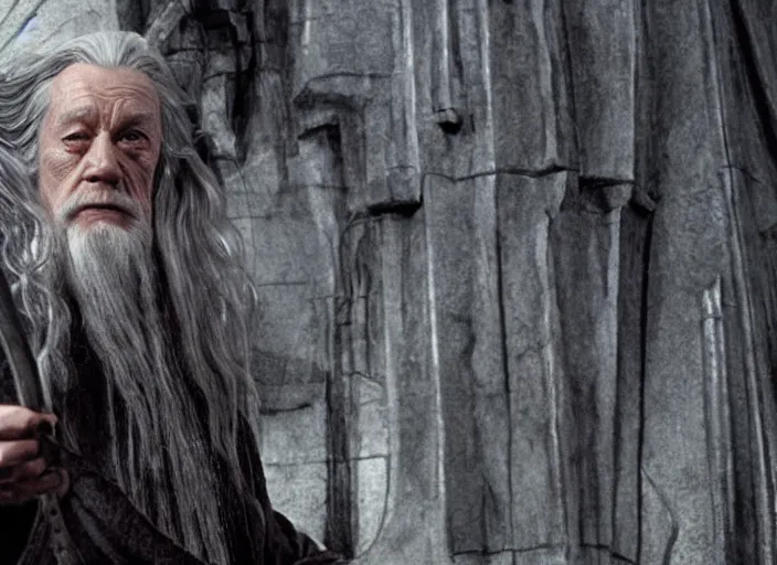 Image similar to gandalf played by lance henriksen stood outside orthanc, style of h. r. giger, directed by david fincher,