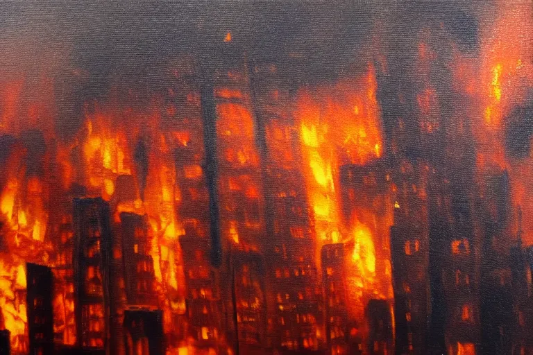 Prompt: buildings on fire, medium shot, realistic, oil on canvas, 8k high def, macro detail